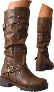 Женские высокие ботинки до колена, стильные и удобные, с круглым носком и низким каблуком, высокие для езды, с боковой молнией, для осени и зимы Generic, Brown