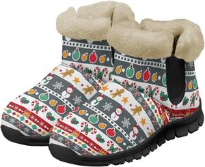 Женские ботильоны с противоскользящей подошвой, зимние ботинки с меховой подкладкой, уютные теплые домашние зимние обувь Chririnla, Bobo Stripes Snowman Snowflake