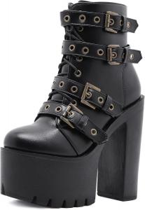 GooMaShoes Женские готические сексуальные ботильоны на высоком каблуке с шнуровкой, панк-босоножки с толстым каблуком, готические черные ботильоны с круглым носком и массивным каблуком