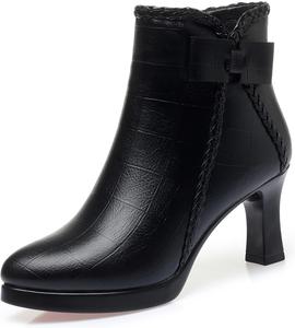 Женские ботильоны с острым носком, массивным каблуком, бантом и застежкой-молнией сбоку, модные кожаные, с удобной меховой подкладкой, низкий каблук-блок, короткие повседневные зимние ботинки с каблуком kitten для платья ZUYIYIA, Black-2.36In