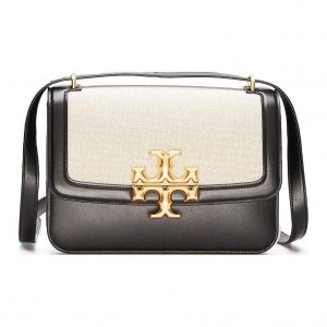 TORY BURCH Кожаный плечевой кроссбоди Элеанор с элементами из холста малого размера черный женский