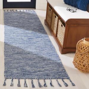Ковер-дорожка SAFAVIEH, 69 x 244 см, Dhurries Collection, Navy & Beige, ручной работы с бахромой из шерсти, идеально подходит для помещений с высокой проходимостью в гостиной, спальне (DHU801N)