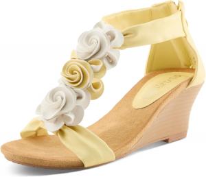 Женские сандалии на танкетке PATRIZIA HARLEQUIN с ремешком на щиколотке и T-образным ремешком - Цветочный дизайн, мягкая стелька, застежка на молнии сзади, светло-желтый