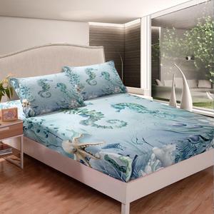 Erosebridal Фиттед простыня Seahorse Teal Blue Ocean Beach Coastal Full с морскими звездами, осьминогами и кораллами, Teal Light Green Sandy Beige
