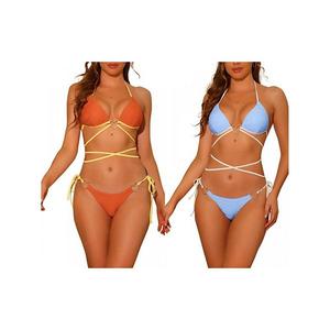2 комплекта женского бикини с кольцом-сердцем, контрастный цвет, пуш-ап, шнуровка, ребристая ткань Inspire Chic, Orange Light Blue