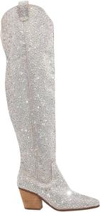 Женские ковбойские сапоги Atuelang с кристаллами, блестящие высокие сапоги до колена, модные с заостренным носком, устойчивым каблуком, средним голенищем, ковбойские короткие ботильоны, Rhinestone-Thigh High