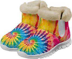Женские зимние ботинки Biyejit Snow с комфортным теплым мехом, короткие уличные ботильоны на молнии, Colorful Tie Dye