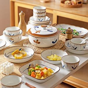 Modengzhufu Японский стиль винтажный набор посуды, 39 предметов: керамические миски и тарелки, супник с двумя ручками, для 8 персон