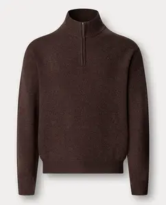 Мужской однотонный свитер с полу-молнией и вышитым логотипом Hackett, коричневый