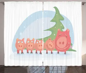 Штора ABAKUHAUS "Свинья в деревенском стиле", "Семья под рождественской елкой", универсальная ленточная штора для гостиной с петлями и крючками, 280 x 245 см, разноцветная белая Abakuhaus