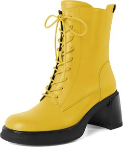 Женские боевые ботинки SAMMITOP на шнуровке, укороченные ботильоны с низким каблуком, массивной платформой, круглым носком и высотой каблука 2,5 дюйма, Yellow