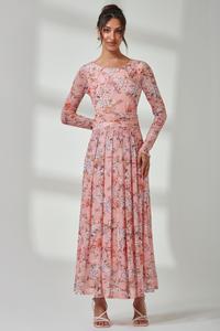 Сетчатое платье макси с цветочным принтом и длинными рукавами Jolie Moi, розовый