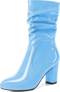 Женские ботильоны Zamikoo с свободным силуэтом, толстым каблуком и круглым носком, с молнией сбоку, модные обувь без застежки, короткие ботильоны, удобные нарядные ботинки, каблук 3,5 дюйма, Light Blue