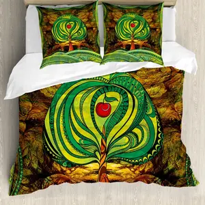 Пододеяльник ABAKUHAUS из натурального материала, с ярким рисунком яблони, с защитой от клещей, подходит для аллергиков, с наволочками, 155 x 220 см - 80 x 80 см, зелено-коричневый Abakuhaus