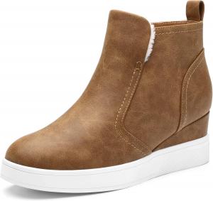 Женские слипоны DREAM PAIRS на высокой платформе с скрытым каблуком, на танкетке, ботильоны до щиколотки, Tan/Pu