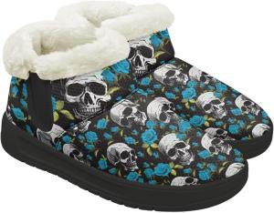 Женские зимние снежные ботинки на открытом воздухе с широким носком, теплой меховой подкладкой, модные ботинки средней высоты с противоскользящей подошвой Chririnla, Gothic Rose Skull