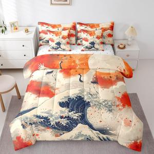Erosebridal Комплект постельного белья 7Pcs Crane с японским стилем укиё-э и ретро иллюстрациями волн в морской тематике, Orange Blue White
