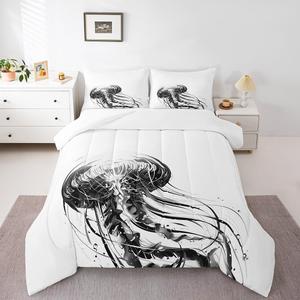 Erosebridal Комплект постельного белья Jellyfish с мультяшными морскими животными в минималистичном стиле, Black and White 21