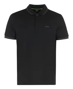 Хлопковая рубашка-поло с ребристой отделкой. Hugo, черный