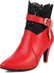 Женские кружевные ботильоны с цветами, на массивном каблуке, с заостренным носком и молнией Taxutixieye, 69 Red