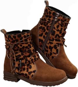 Женские замшевые ботильоны на массивном каблуке с боковой молнией, винтажные вестерн-бутсы для женщин - бохо, повседневные Hhhchpm, Leopard Print