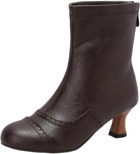 Женские винтажные ботинки, модные ботильоны с среднем каблуке, ботинки до середины голени, костюмная обувь, ретро-каблук, боковая молния, овальный носок Generic, Brown