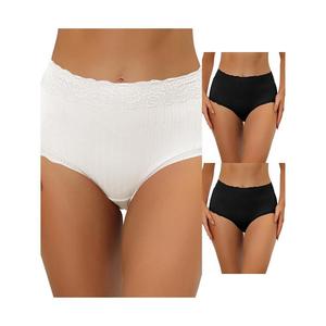 3 упаковки женского нижнего белья с высокой талией, удобные трусики в рубчик с кружевной отделкой ALLEGRA K, цвет Black White