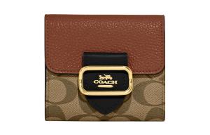 COACH Холщовый кошелек с кожаным картхолдером небольшого размера для женщин в цвете хаки и коричневый