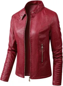 Женская кожаная куртка на молнии, повседневная куртка из искусственной кожи, бомбер, мотоциклетная куртка, женская куртка-косуха из искусственной кожи, мотоциклетный костюм, Burgundy red