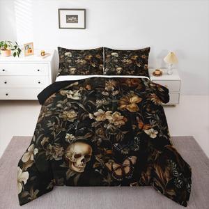 Erosebridal Готический комплект постельного белья Spooky Skeleton с винтажными цветами, бабочками и растительными мотивами, ретро стиль для декора комнаты, Black White Yellow