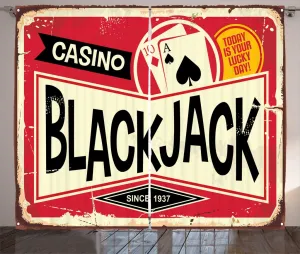 Штора ABAKUHAUS Poker Rustic, с надписью Casino Blackjack, универсальная, с петлями и крючками, для гостиной, 280 x 225 см, кремовый, ярко-красный и темно-серый