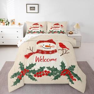 Erosebridal Комплект постельного белья Kids Snowman с рождественским принтом снежинок и красных кардиналов, Beige