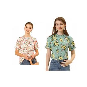 2 упаковки женских повседневных блузок с цветочным принтом и рюшами, короткими рукавами и рюшами на шее ALLEGRA K, цвет White Grayish Green