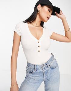 Боди в рубчик с v-образным вырезом ASOS DESIGN, короткими рукавами и пуговицами из камня