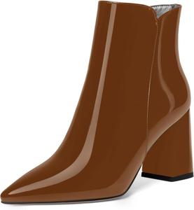 Женские повседневные ботильоны SKYSTERRY с острым носком, молнией, лаковой отделкой, на массивном высоком каблуке 3 дюйма, Brown