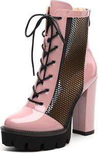 Женские ботильоны на щиколотку, ботильоны на платформе с массивным каблуком, сексуальные сетчатые сандалии с задней молнией 4,5 MISEZOXI, Pink Patent