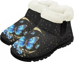 Юношеские ботинки для мальчиков и девочек, зимние теплые ботинки, противоскользящие легкие уличные туфли для холодной погоды Chririnla, Aesthetic Blue Butterfly Moon