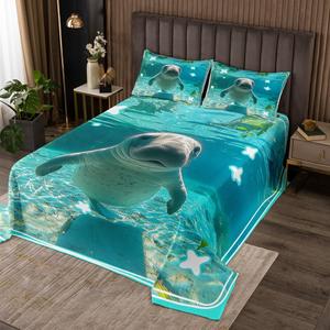 Erosebridal Комплект постельного белья Cute Animal с 3D принтом морских животных в стиле каваи для детской комнаты, Green Grey