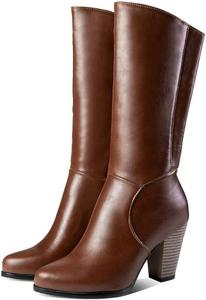 Женские сапоги с круглым носком, боковой молнией, из искусственной и телячьей кожи с каблуком-блоком FAZAIQILUO, Brown