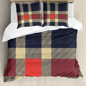 Пододеяльник ABAKUHAUS в клетку, винтажный рисунок, защита от клещей, подходит для аллергиков с наволочками, 155 см x 220 см - 80 x 80 см, темно-синий, кораллово-кремовый