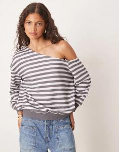 Свободный свитер с открытыми плечами ASOS DESIGN темно-синего цвета в полоску