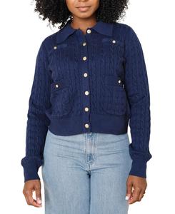 Женский кардиган из органической вязки с воротником и косами Hope & Henry, Navy cable