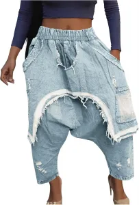Ретро багги харем джинсы для женщин: модные эластичные штаны с широкими штанинами и карманами