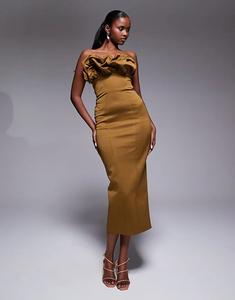 Платье-бандо миди ASOS DESIGN с лифом-оборкой оливкового цвета