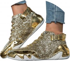 Женские блестящие сверкающие ботильоны на щиколотку, повседневная мода, с пайетками, с круглым носком, на шнуровке, с мягкой подошвой, для улицы, противоскользящие, спортивные кроссовки с высоким берцем, удобные короткие ботинки Generic, Gold