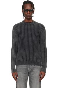 Off-White Свитер с круглым вырезом из трикотажа в рубчик серого цвета с рисунком в виде стрелок