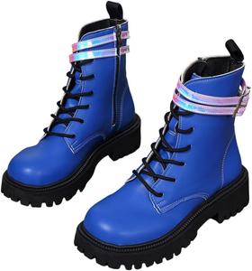 Женские ботинки на шнуровке с платформой, с молнией сбоку, массивным низким каблуком, круглым носком, плоская подошва Generic, Blue