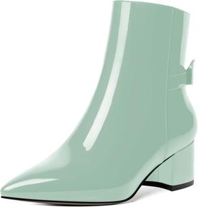 Женские ботильоны AMBELIGHT с молнией, с острым носком, повседневные, лакированные с бантом, на низком массивном каблуке, высотой до щиколотки, 5 см, Turquoise