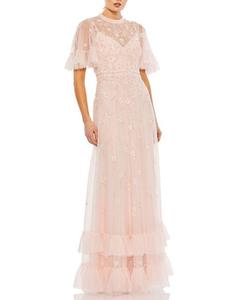 Платье-трапеция с рюшами, цветочным декором и расклешенными рукавами Mac Duggal, оранжевый