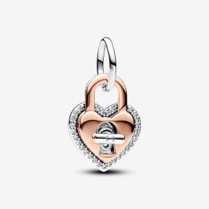 Шарм-подвеска Pandora Moments Two-tone Twistable Heart Padlock Double, серебро/розовое золото/прозрачный